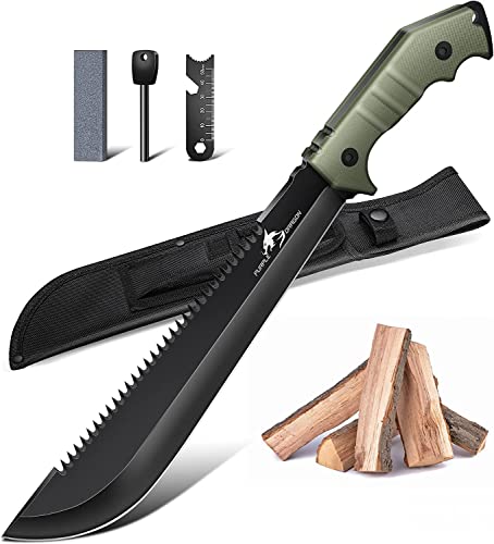 Großes Outdoor-Messer mit Scheide und volltangiger Griffkonstruktion aus D2 Stahl, geeignet für Holzsägen und Bushcraft, Geschenk für Männer