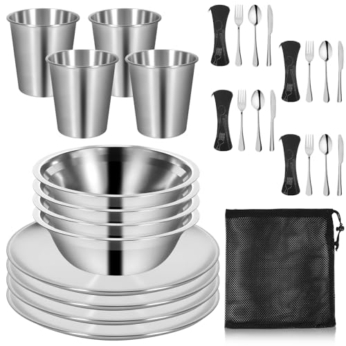 Campingbesteck Set für 4 Personen, Outdoor Picknick Reisebesteck aus Edelstahl mit Etui und Geschirr für Camping und Wandern
