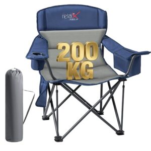Faltbarer Campingstuhl von Relax Field mit Traglast 200 kg, Getränkehalter und Kühltasche in Blau für Outdoor-Aktivitäten wie Camping, Angeln oder Strandbesuch