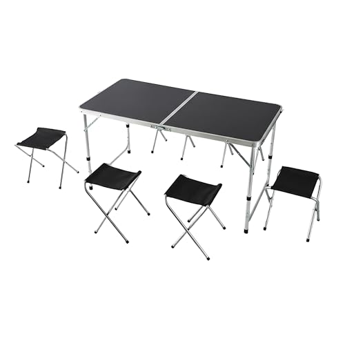 Campingtisch für 4 Personen, klappbar und höhenverstellbar, mit Tragegriff, Aluminium-MDF-Bauweise, Gartentisch schwarz