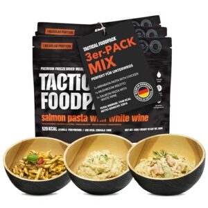 Tactical Foodpack 3er Set Mix - Fertiggerichte für Notfallrucksack & Outdoor, Gefriergetrocknetes Essen Camping Set mit Nudeln mit Hähnchen, Pilzrisotto und Pasta mit Lachs und Weißwein