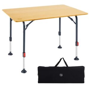 Campingtisch mit bambus-Tischplatte, aluminiumnen Rahmen und Tragetasche für verschiedene Outdoor-Aktivitäten wie Camping, Picknick oder Gartenpartys.