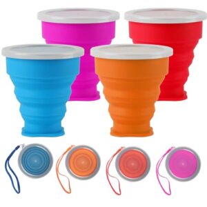Tomoyuki Faltbecher Set mit Deckel, 4 Stück Silikon, wiederverwendbar für Outdoor-Aktivitäten wie Camping, Wandern und Picknicks