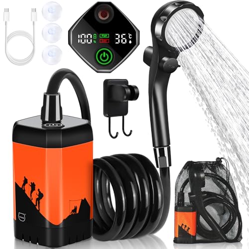 Tragbare Campingdusche, 7800 mAh elektrische Außendusche mit intelligenter Digitalanzeige und Temperaturanzeige für Camping, Wandern und Reisen