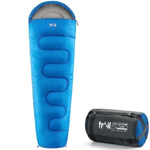 Trail 1-Personen Schlafsack für Erwachsene - blauer Komfort-Schlafsack mit 3-Jahreszeiten-Mumienform und innenliegender Tasche zum Camping im Freien
