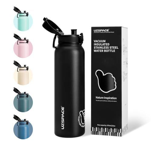 UZSPACE Edelstahl Trinkflasche 1l (970ml), Isolierte Thermosflasche mit 1-Klick-Öffnung, 100% Auslaufsicher, Sport Wasserflasche für Wandern, Sport, Fitness, Gym, Outdoor