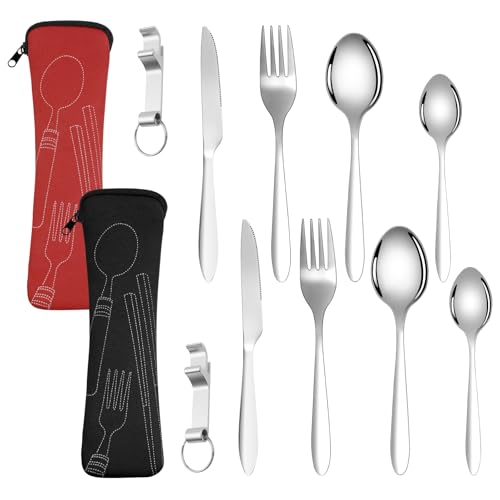 Vicloon Edelstahl Campingbesteck - 2 Personen Tragbares Outdoor Besteck Set mit 10 Stück Edelstahl Sporks und Bestecktasche für Reisen, Camping, Picknick