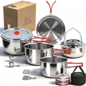 18/8 Edelstahl Camping Kochgeschirr Set, Familiengröße 6 bis 8 Personen Töpfe und Pfannen mit Utensilien und Wasserkocher, Outdoor Kochset mit Tragetasche