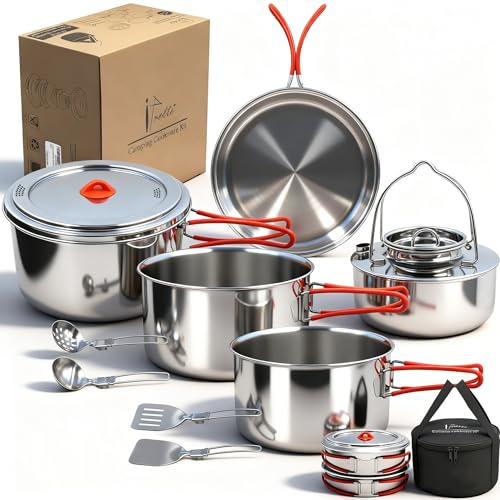 18/8 Edelstahl Camping Kochgeschirr Set, Familiengröße 6 bis 8 Personen Töpfe und Pfannen mit Utensilien und Wasserkocher, Outdoor Kochset mit Tragetasche