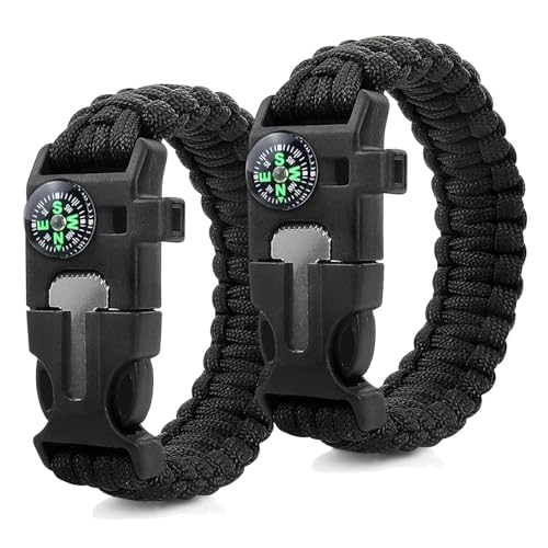Zweiteiliges 4-fach-Überlebensarmband aus Paracord für Outdoor-Aktivitäten wie Camping, Wandern und Trekking. Includes Feuerstein, Kompass und Pfeife.