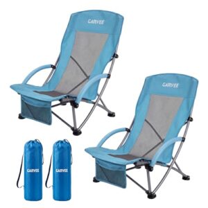 Klappbarer Strandstuhl für Reisen, Konzerte und Gartenbesuche mit Tragetasche und Getränkehalter. Hohe Rückenlehne und niedrige Stuhlbeine für komfortables Sitzen.