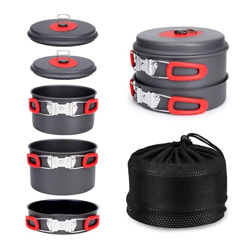 Campinggeschirr-Set für 4 Personen, Outdoor-Kochset aus harteloxiertem Aluminium mit Topf und Bratpfanne
