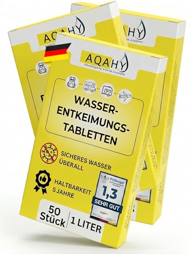 Wasserentkeimungstabletten für Trinkwasser-Aufbereitung, 150 Stück pro Liter, ideal für Wandern, Camping und Notfallausrüstung