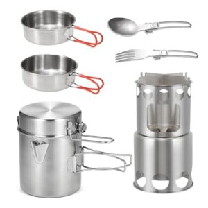 Camping-Kochgeschirr-Set mit 1-Liter-Topf und klappbarem Holzofen-Besteck zum Kochen im Freien