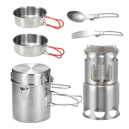 Camping-Kochgeschirr-Set mit 1-Liter-Topf und klappbarem Holzofen-Besteck zum Kochen im Freien