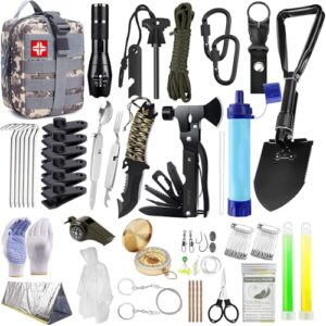 Außen Notfall Survival Kit mit Camping Zubehör, Survival Outdoor Ausrüstung mit Jagdmesser Multitool Hammer Axt Wasserfilter Outdoor, für Abenteurer und Outdoor-Fans