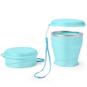 Faltbarer Silikonbecher mit Deckel, BPA-frei, 304 Edelstahlrand, tragbarer Becher für Reisen, Camping, Wandern, Outdoor-Sportarten, hellblauer Farbton
