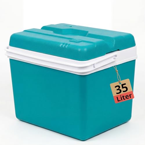 Kühlbox für lange Transporte, groß 35 Liter Fassungsvermögen, akustisch isoliert und mit einem robusten Griff ausgestattet.