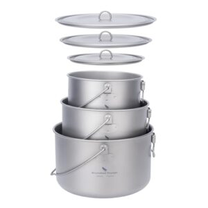 Titan Topf mit Deckel für Camping und Outdoor-Kochen, 1,3L, 1,95L oder 2,9L, hochwertiges Titan-Geschirr für Lagerfeuer und Wandern.