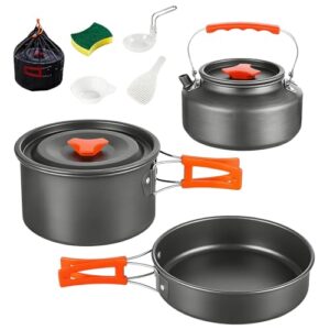 Camping Kochgeschirr Set, 10-teiliges Outdoor Geschirr Set für 2-5 Personen, Kochgeschirr Kit mit Camping Topf, Bratpfanne und Teekannen, Camping Kochtopf Set Aluminium für Outdoor Wandern Picknick