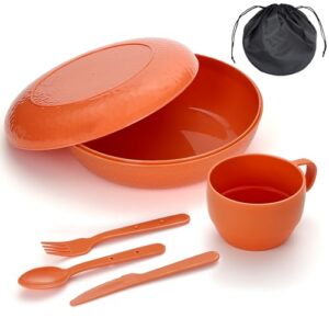Kompaktes Camping-Mahlzeit-Paket mit Schüssel, Teller, Tassen, Löffel, Gabel, Messer und Handtasche für Camping-Abenteuer
