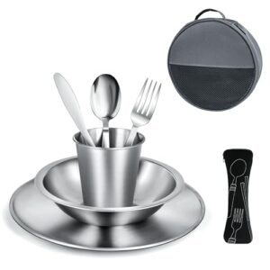 Campingbesteck Set - Camping Geschirr Set mit Edelstahl Besteckset, Teller, Schale und Gläser. Inklusive Bestecktasche.