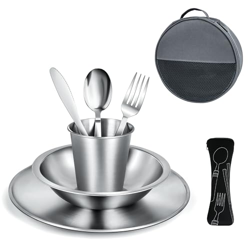 Campingbesteck Set - Camping Geschirr Set mit Edelstahl Besteckset, Teller, Schale und Gläser. Inklusive Bestecktasche.