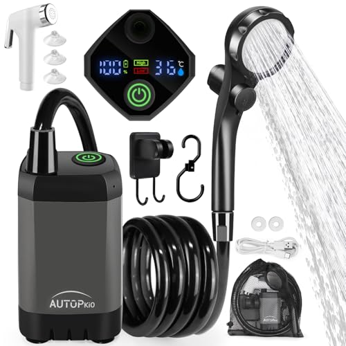 AUTOPkio Campingdusche mit Akku, verbesserte Camping Dusche 6000mAh wiederaufladbar Pumpe, intelligente Digitalanzeige für Camp, Outdoor, Haustier, Notfall (Grau)