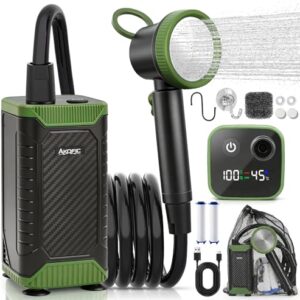 Campingdusche mit Pumpe, 8000mAh Camping Dusche mit Akku und intelligenter Digitalanzeige, tragbare Outdoor Mobile Dusche Set mit Duschkopf und 2m Schlauch für Camping Reisen Garten Autowaschen