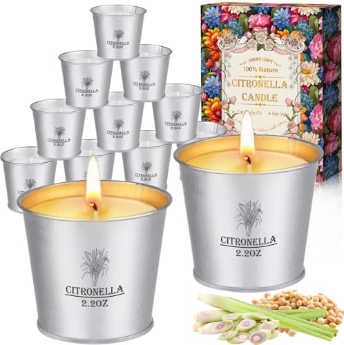 Ein Set mit 12 Citronella-Kerzen im Metalleimer, natürliche Sojawachs Zitronella-Kerze, Kerzengeschenkset für Outdoor-Aktivitäten wie Garten, Hof, Party, Camping und Grillen.