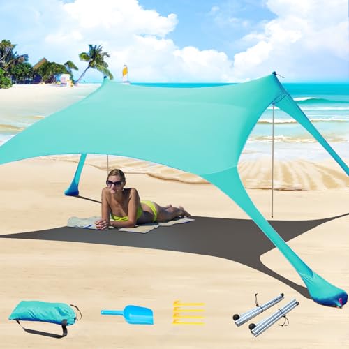 Beachzelt, Strandzelt mit Sonnenschutz, UV-Schutzbeschichtung UPF 50, für den Außenbereich, Anti-Wind-Zelt, Stabilitätsstangen, Hinterhof mit Stranddecke