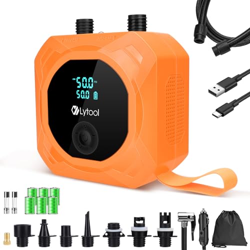 Elektrische SUP Pumpe Akku, Lytool 50 PSI Hochdruck SUP Luftpumpe Akku & 12V Auto-Anschluss Dual-Power Luftpumpe. Auto-Off, Wiederaufladbar für Stand Up Paddle Boards, Kajaks, Zelte und Luftmatratzen