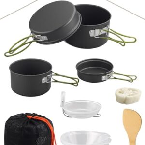 Portables Campingkochset mit eloxiertem Aluminium Töpfen, Pfannen und Kessel für Outdoor-Camping, Wandern oder Picknick
