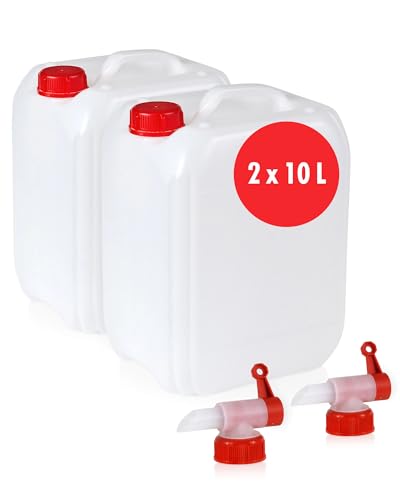 Zwei weiße Wasserkanister mit Schraubverschluss und DIN 45 Ablasshahn für sicherer Transport von Lebensmitteln und Trinkwasser - ideal für Camping, Outdoor-Aktivitäten und Reisen