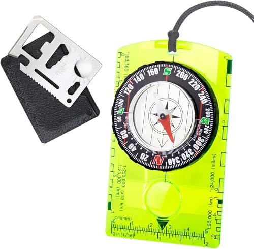 Professioneller Navigation Kompass, Taschenkompass mit Gravur, ideal für Wanderungen, Camping und Aktivitäten im Freien, präzise Orientierungshilfe, Acryl-Grundplatte, Azimutlager, um 360 Grad drehbare Lupe, Magnetnadel in flüssigkeitsgefüllter Kapsel, Leuchtmarkierung für richtige Richtung auch nachts.