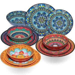 Melamin Geschirr Set Toskana Pastel für 4 Personen, Bunt, Mandala-Optik, Spülmaschinengeeignet, Essgeschirr für Camping und Outdoor