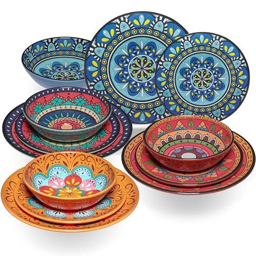 Melamin Geschirr Set Toskana Pastel für 4 Personen, Bunt, Mandala-Optik, Spülmaschinengeeignet, Essgeschirr für Camping und Outdoor