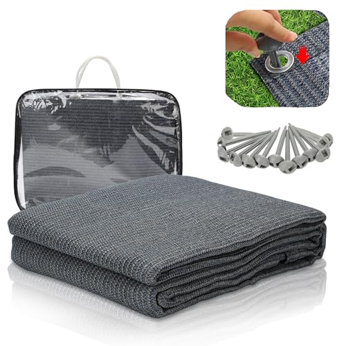 Vorzeltteppich Campingmat Outdoor Atmungsaktiv rutschfest Waschbar Schimmelfrei UV-Stabilisiert mit 12 Löchern und Tragetasche, Grau Blau