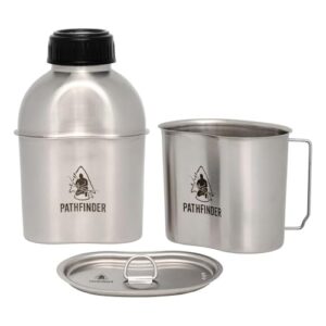 Kantinenkochset von der Pathfinder School für den Freizeitsport und das Überleben, Weithalskantine, Becher mit sicheren Griffen und Herd aus 304-Edelstahl.