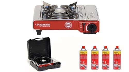ROTHENBERGER Industrial Campingkocher Deluxe mit 4 Gaskartuschen und Tragekoffer, einflamig, für Töpfe 12-34 cm