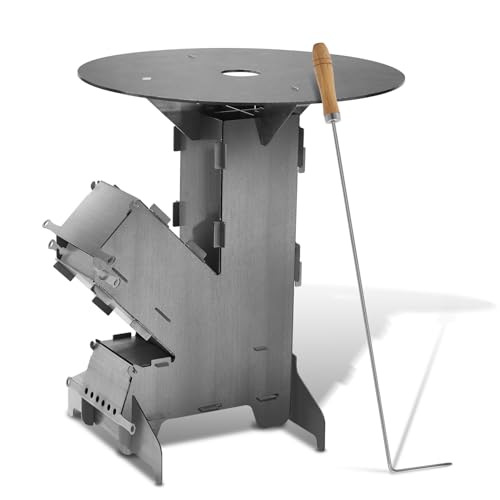Raketenofen mit Grillplatte groß 5mm, Rocket Stove für Camping, BBQ und Dutch Oven aus massivem 3 mm dickem Stahl mit zwei zusätzlichen Standfüßen und Holzofen Outdoor
