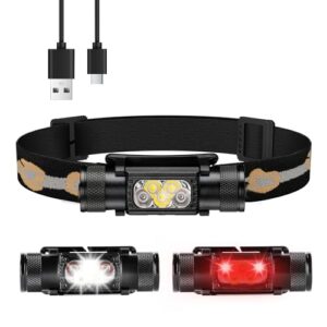 Stirnlampe mit Rotlicht, ideal für Joggen, Camping und Angeln, 2322 Lumen Helligkeit, USB-C-Ladeanschluss, wiederaufladbare Batterie, Wasserdicht, Weiß-Rot