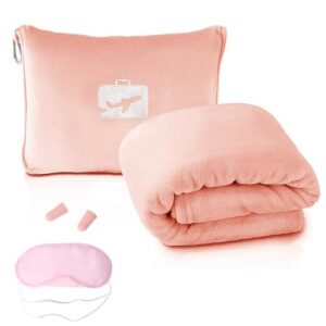 Reise-Kissen und Decke in Rosa mit Ohrstöpseln und Schlafmaske, ideal für Camping und Reisen
