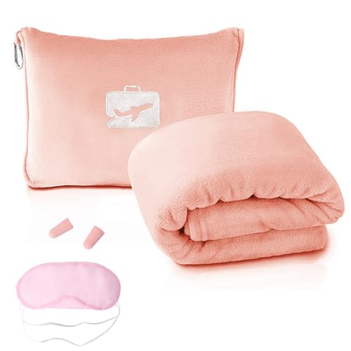 Reise-Kissen und Decke in Rosa mit Ohrstöpseln und Schlafmaske, ideal für Camping und Reisen