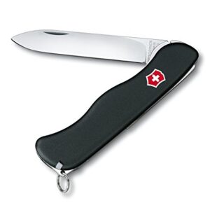 Schweizer Taschenmesser mit vier Funktionen: Klinge, Pinzette, Zahnstocher und Feststellklinge. Ideal für Outdoor-Aufgaben.