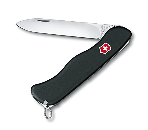 Schweizer Taschenmesser mit vier Funktionen: Klinge, Pinzette, Zahnstocher und Feststellklinge. Ideal für Outdoor-Aufgaben.