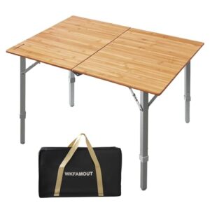 Hochwertiger Campingtisch aus Bambus, 80x60 cm groß, klappbar und höhenverstellbar, ideal für Outdoor-Aktivitäten wie Camping, Picknicken oder Kochen.