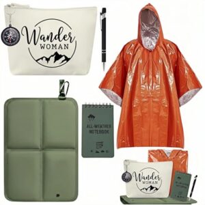 Wandern Geschenke 6 Stück Set mit Poncho, Sitzkissen, Kompass und Notizblöcken für Damen - ideal für Outdoor-Fans und Abenteurer