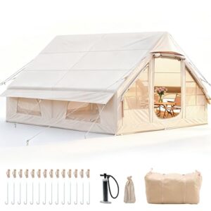 Aufblasbares Campingzelt mit Pumpe, 420D Oxford Glamping Aufblasbares Zelt für Camping, Wasserdicht bis 3000MM, 4 Saison Anti-UV Kabinenzelt mit Mesh Fenster & Türen für 8-12 Personen
