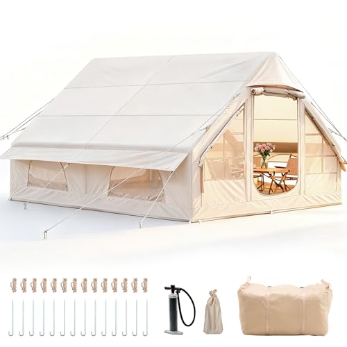 Aufblasbares Campingzelt mit Pumpe, 420D Oxford Glamping Aufblasbares Zelt für Camping, Wasserdicht bis 3000MM, 4 Saison Anti-UV Kabinenzelt mit Mesh Fenster & Türen für 8-12 Personen